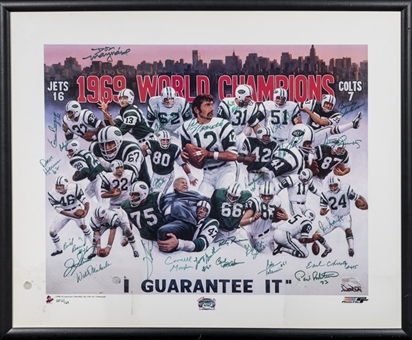 1968-69 New York Jets Team Signed Super Bowl 30th Anniversary Litho With 26 Signatures in 34x28 Framed Display (JSA)